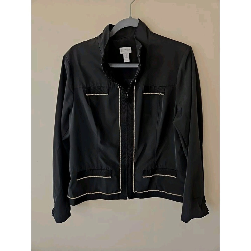 Chico's 2 Jacket Women L Black Lightweight Gold Chain Trim High Collar Full Zip